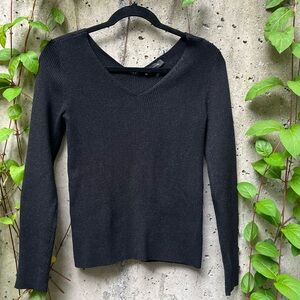 Ann Taylor Ribbed Knit Top with Pearl Accents on Sleeves, Black, Medium